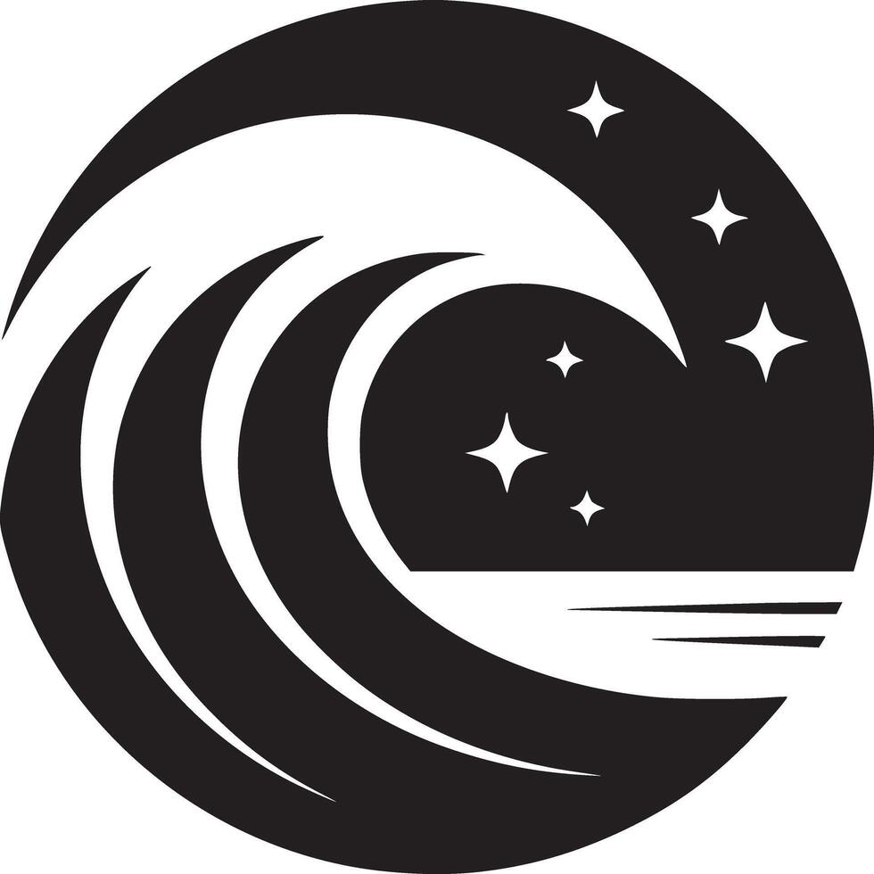 Black and white graphic design featuring waves and stars inside of a circle on a white background vector