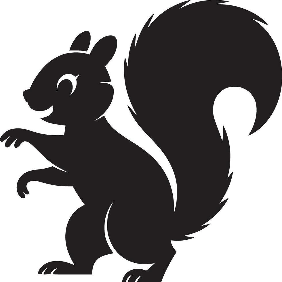 A black and white silhouette of a squirrel standing on its hind legs with a bushy tail curled up vector
