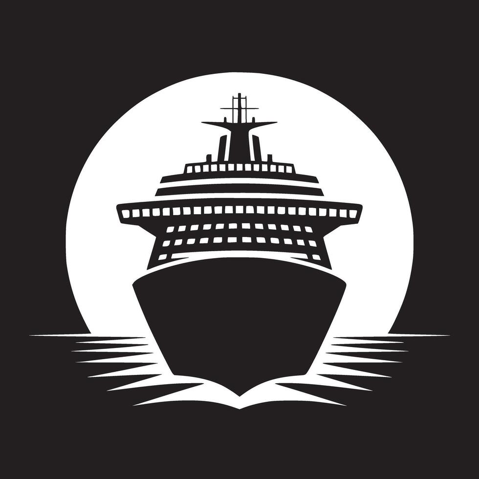 A black and white graphic illustration of a cruise ship sailing in front of a full moon at night vector