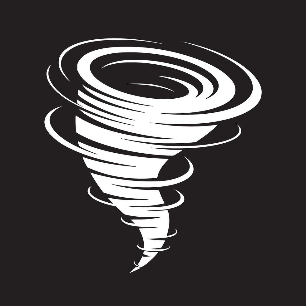 White tornado illustration on a black background showing swirling motion and abstract design elements vector