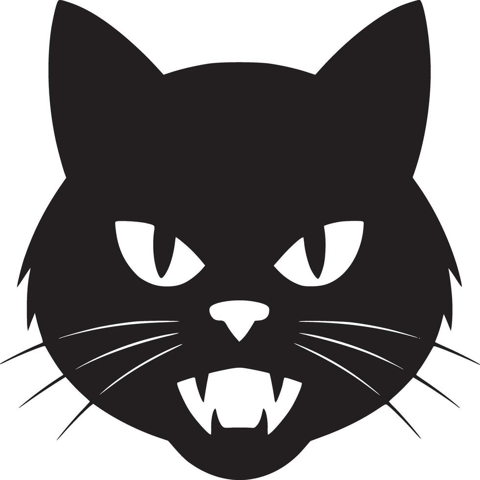 Illustration of a black cat face with sharp teeth and white eyes on a white background design element vector