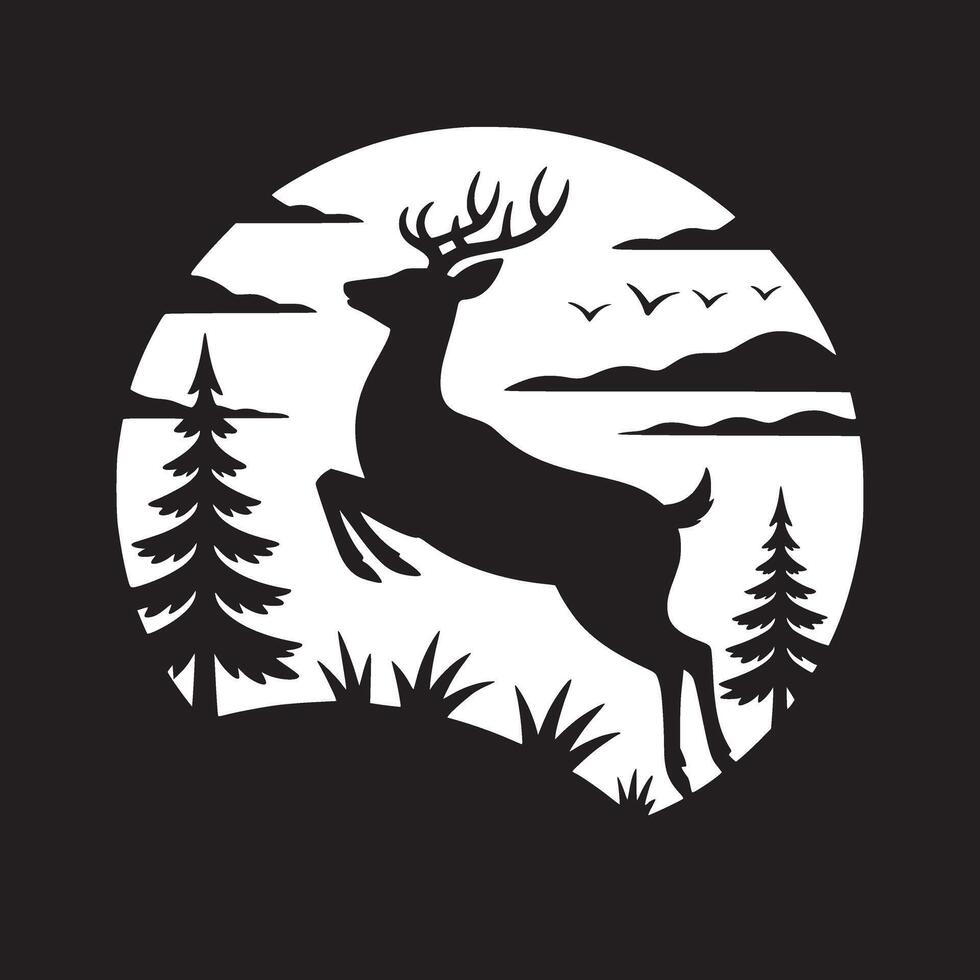 Silhouette of a deer leaping in a circular frame with trees clouds and birds against black background vector