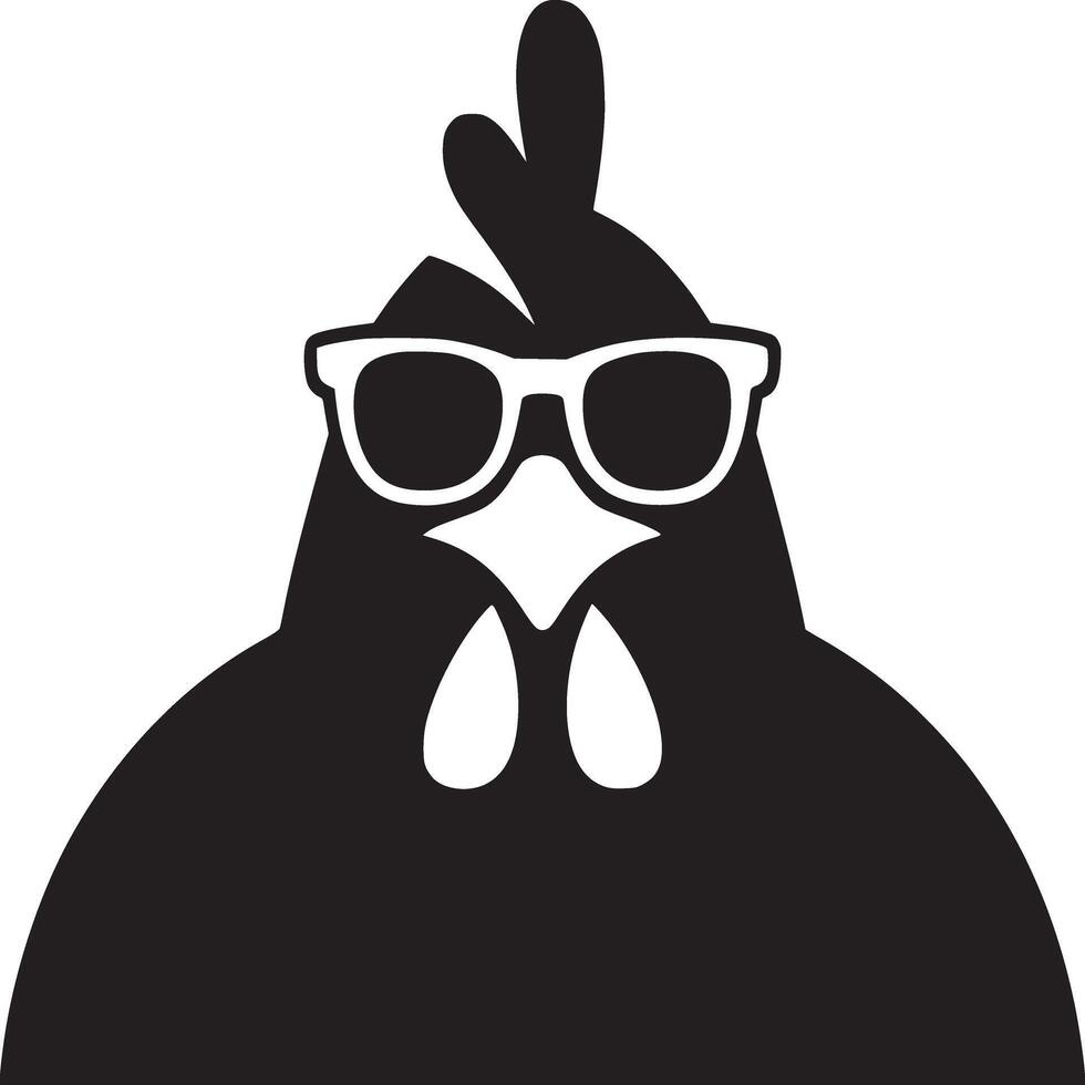A black and white graphic of a chicken wearing sunglasses with a white background illustration vector