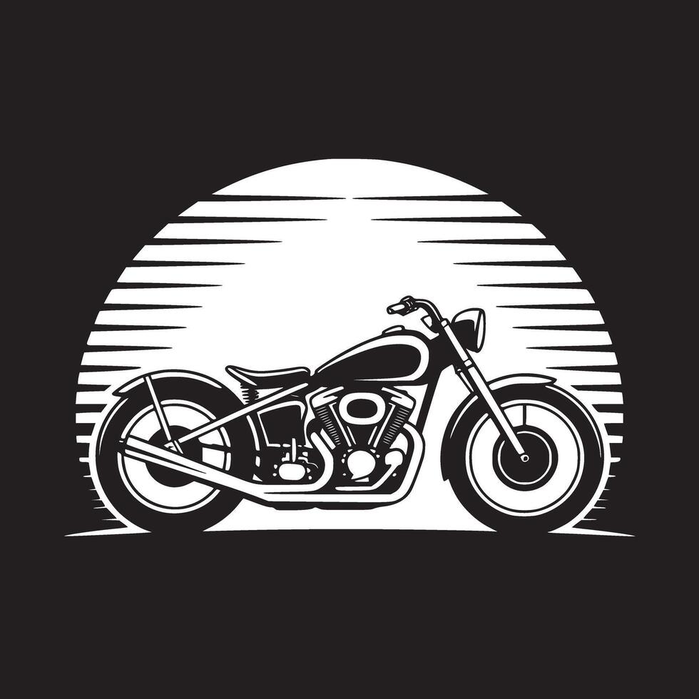 Illustration of a motorcycle in black and white with a rising sun in the background design art vector