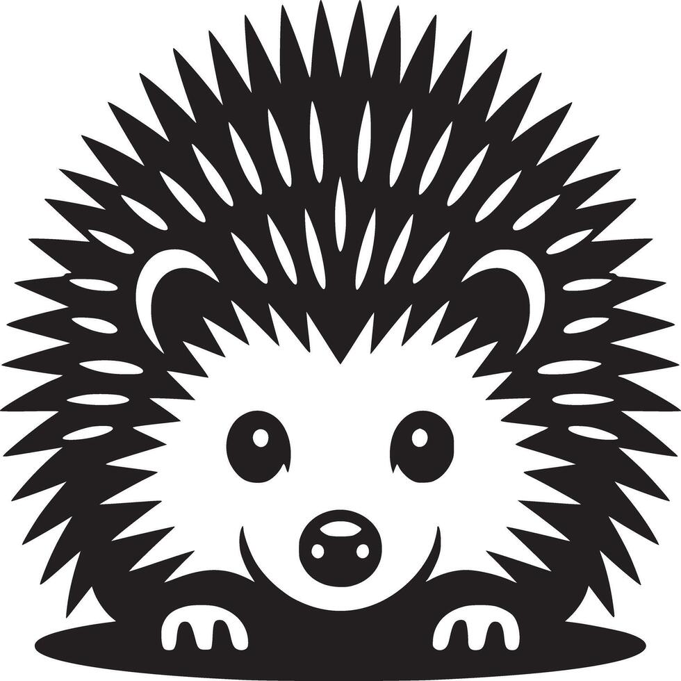 A black and white graphic illustration of a cute cartoon hedgehog with a smiling face design element vector