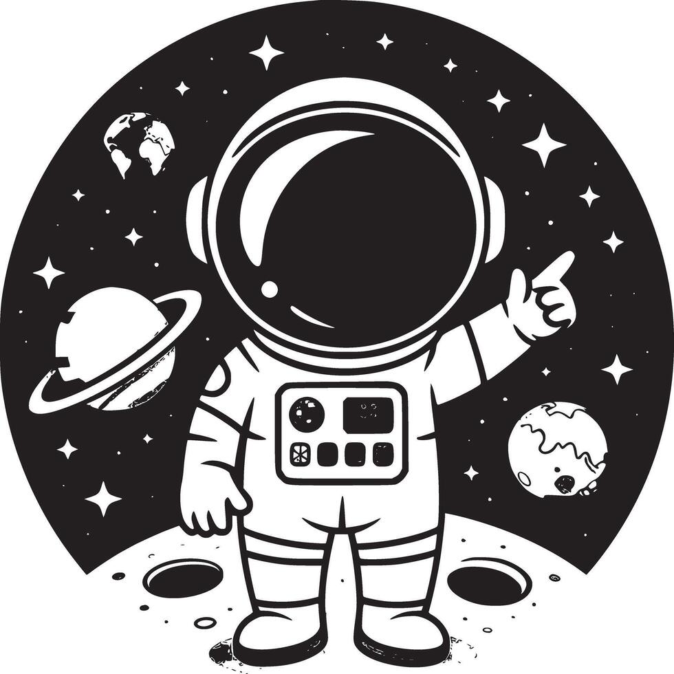 Cartoon astronaut standing on the moon pointing to the planets and stars in the night sky background vector