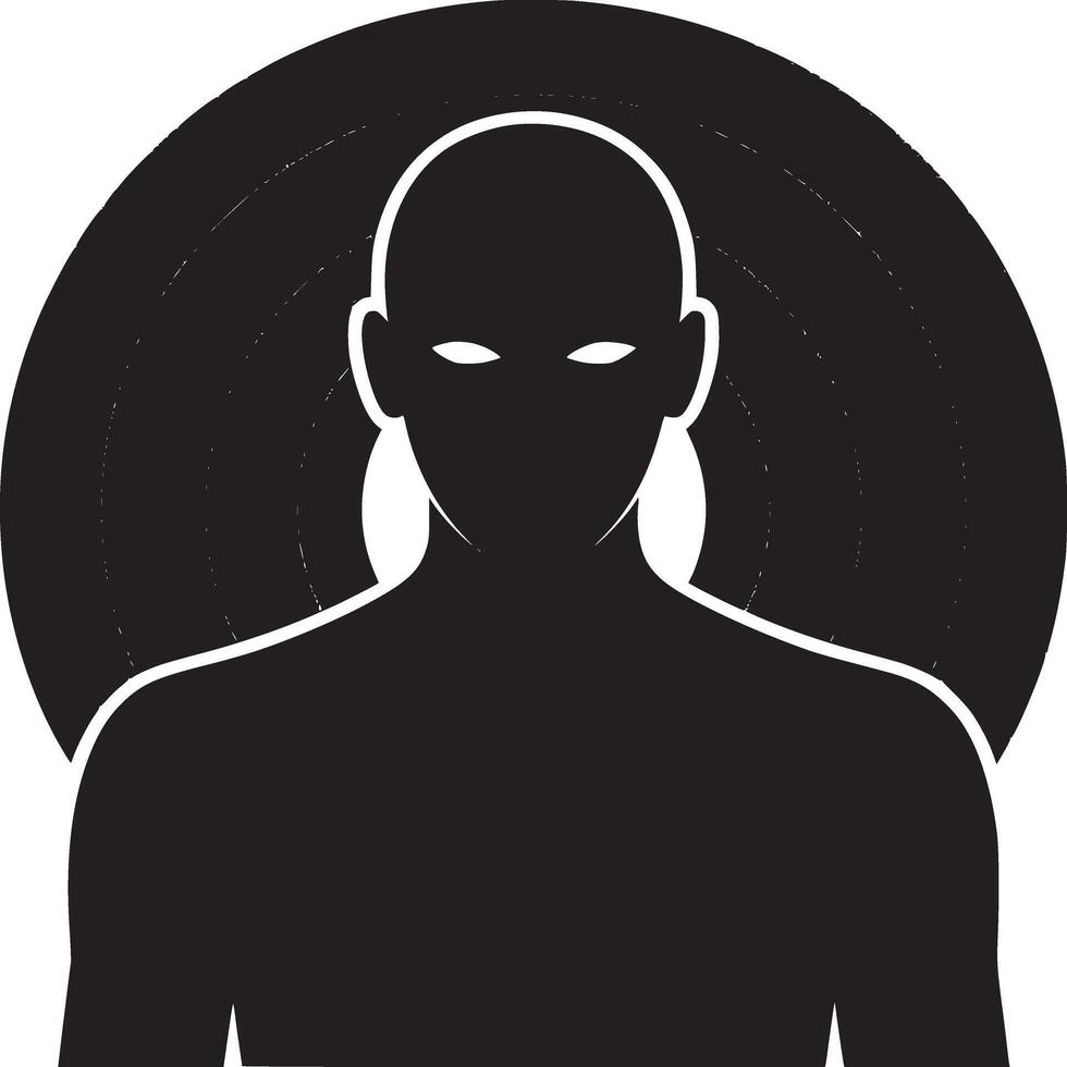 Silhouette of a bald figure with glowing eyes against concentric circles on a white background vector
