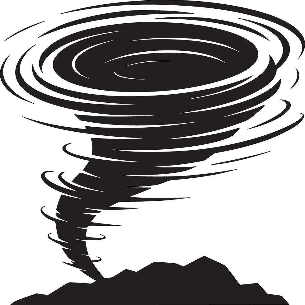 A black and white illustration of a tornado touching down over a dark jagged land formation below it vector