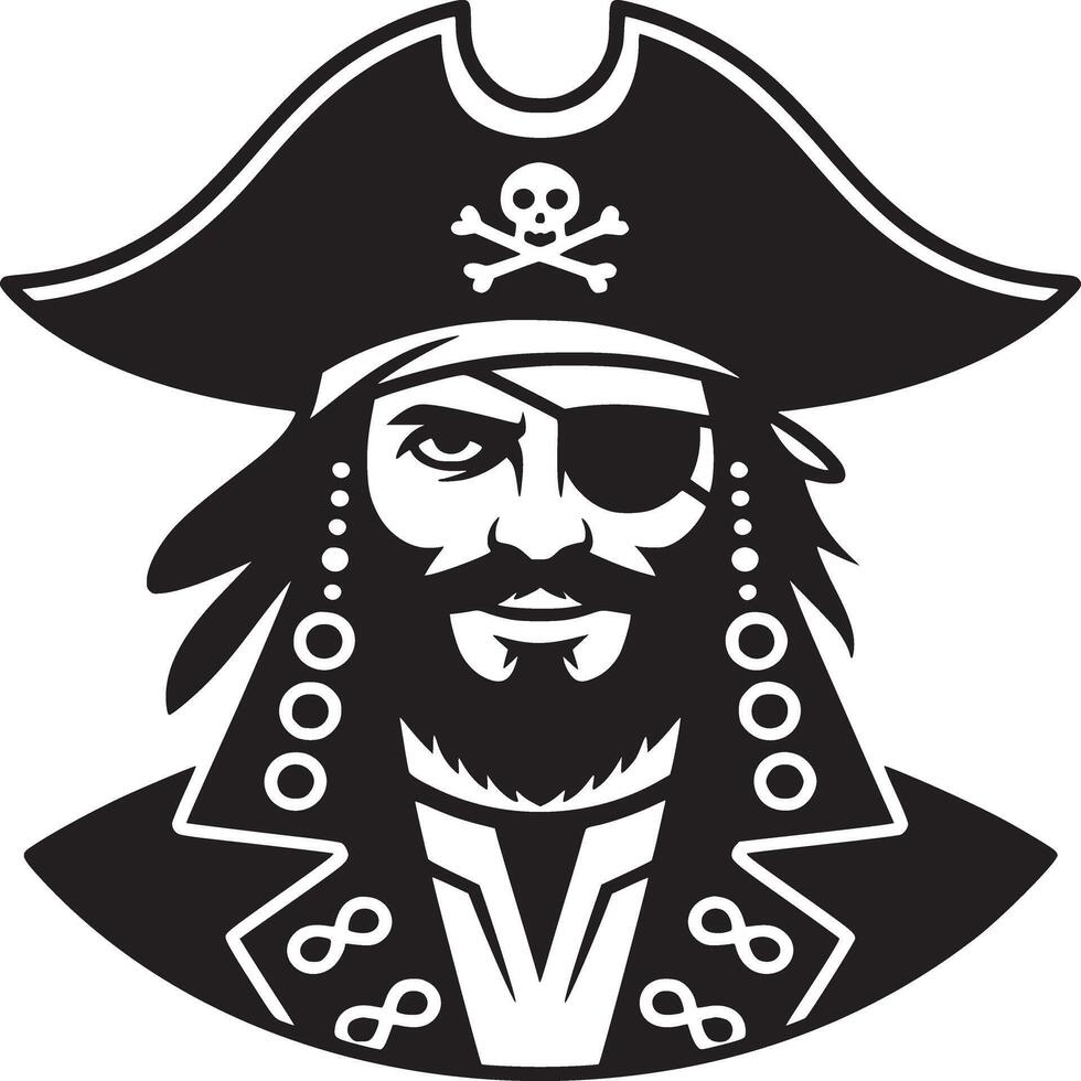 A black and white graphic of a pirate with an eye patch and a hat with a skull and crossbones on it vector