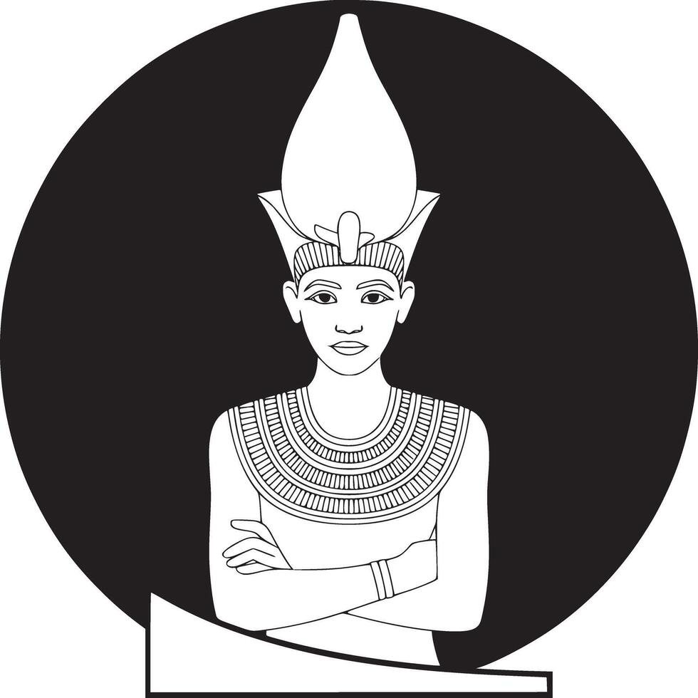 Illustration of an egyptian pharaoh with crossed arms in black and white against a black circle vector