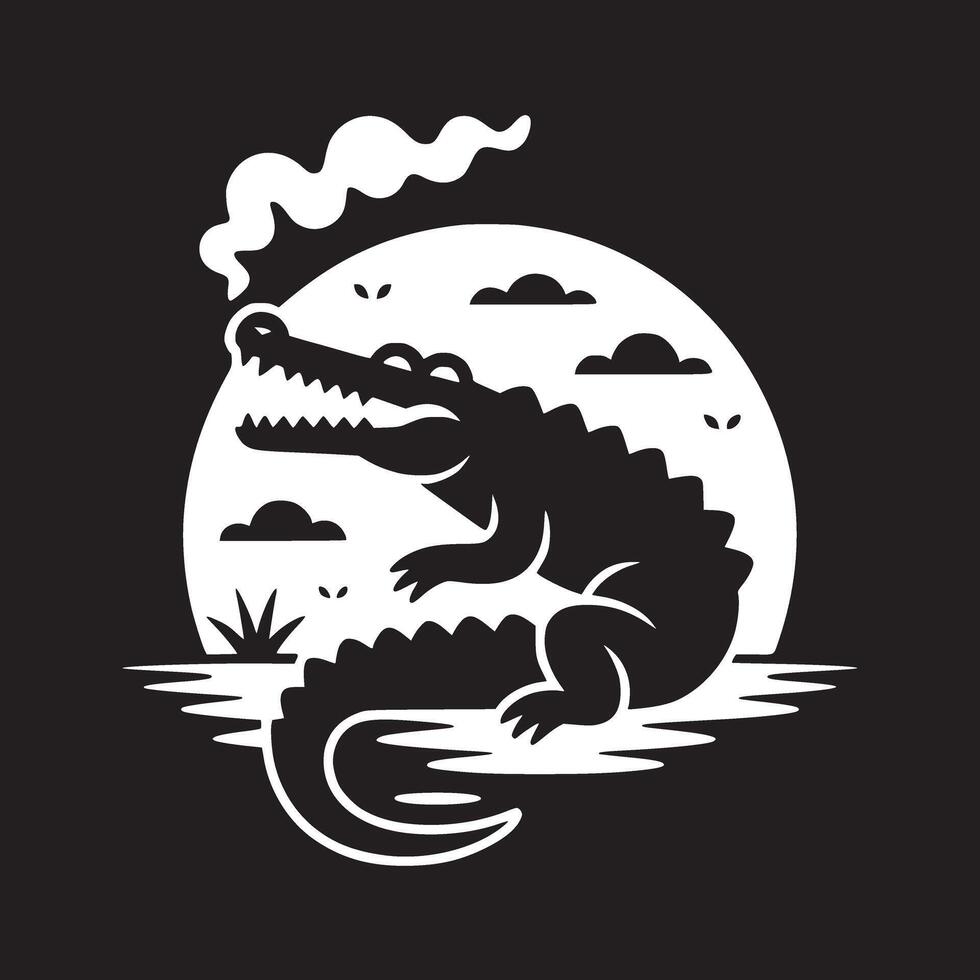 Stylized black and white illustration of an alligator in front of a moon with some clouds and grass vector