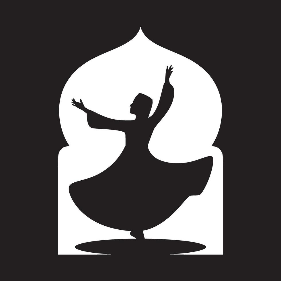 Silhouette of a whirling dervish dancer in front of a white archway against a black background vector