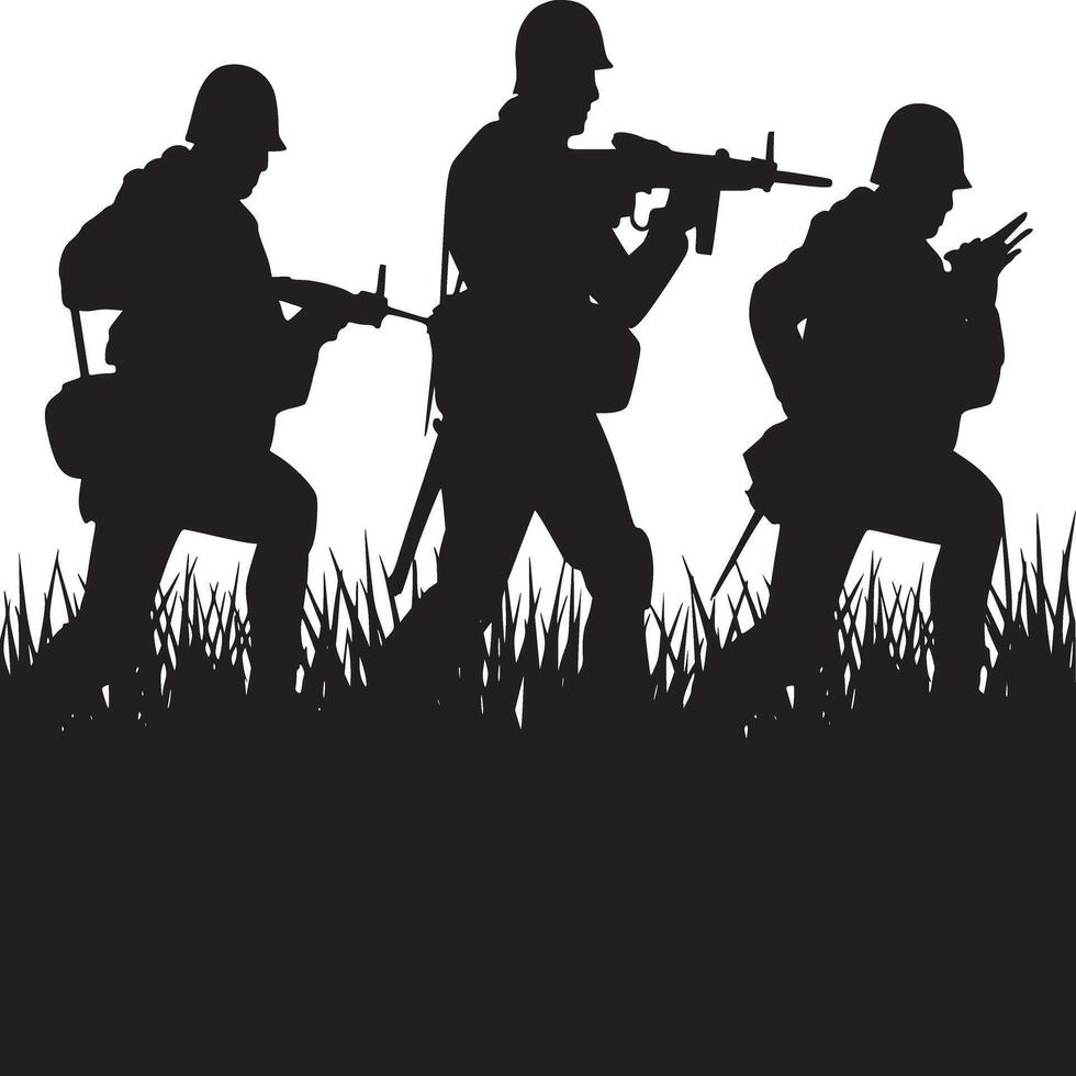 Silhouette illustration of three soldiers in combat gear running through tall grass with rifles ready vector