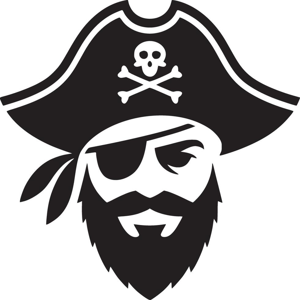 A black and white graphic of a pirate with a hat, beard, and eye patch on a white background vector