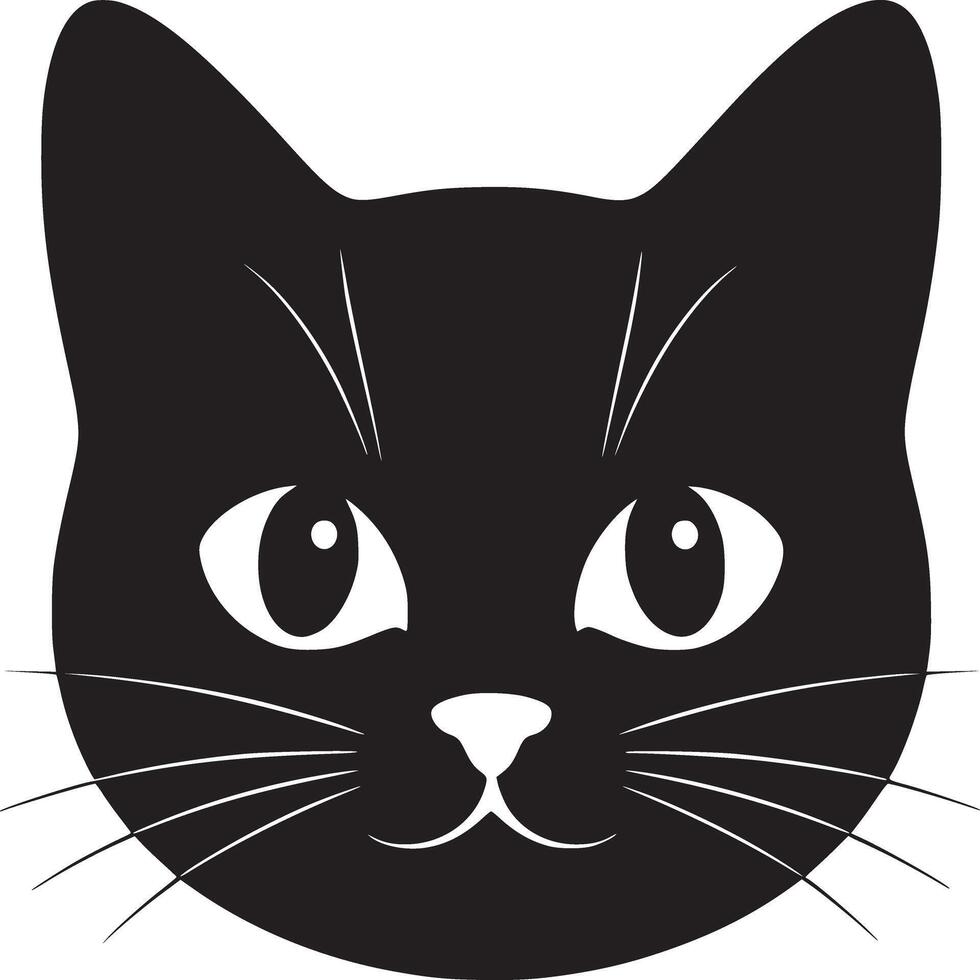 A simple black and white illustration of a cat face with whiskers and pointy ears on white background vector