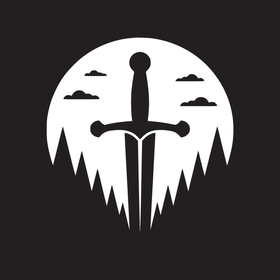 A graphic design of a sword against a white circle with clouds and jagged mountain peaks below it vector