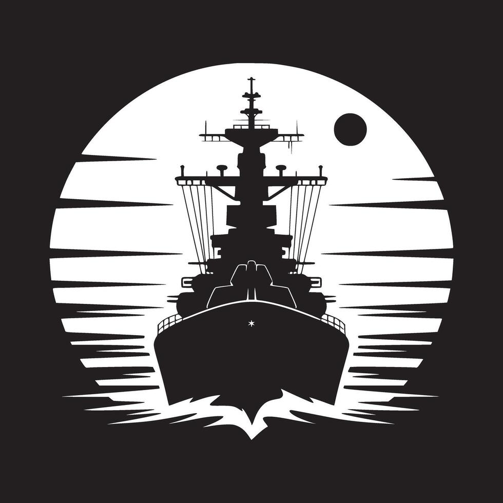 Silhouette of a warship against a white circle with a black background and a small black circle vector