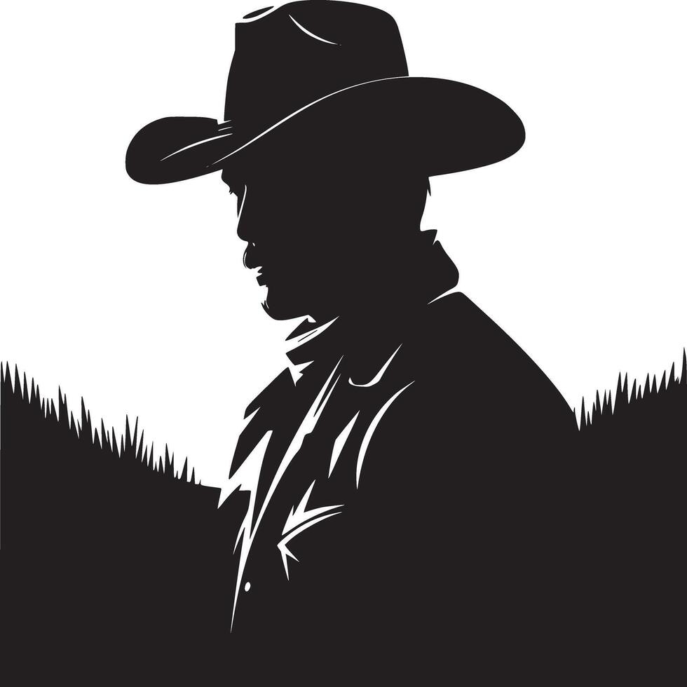 Silhouette of a cowboy wearing a hat and jacket standing in a field of tall grass in black and white vector