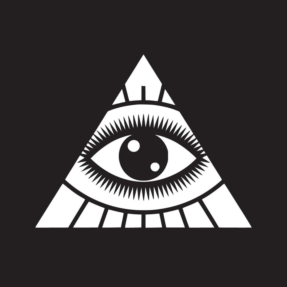 A white eye inside a triangle with rays on a black background in a graphic design illustration style vector