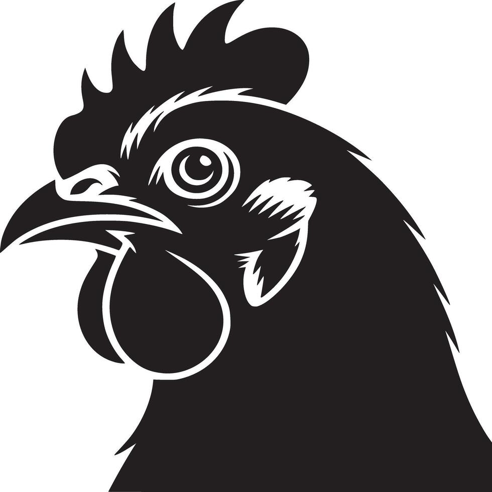 Close up black and white illustration of a chicken head with detailed features and white background vector