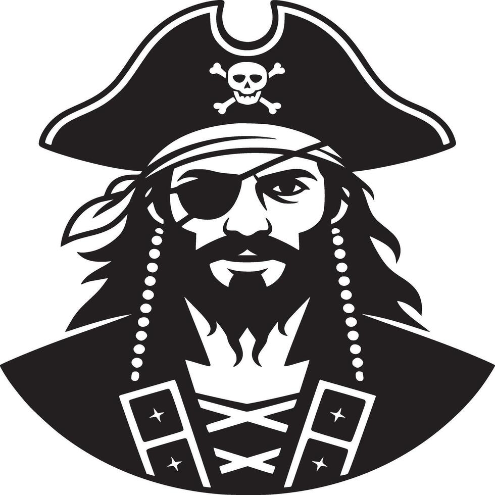 A black and white drawing of a pirate with a hat and an eyepatch in a simple style vector