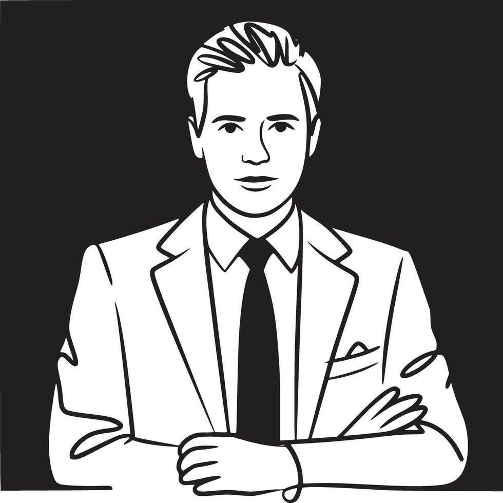 Illustration of a man in a suit with arms crossed against a black background in a white frame vector
