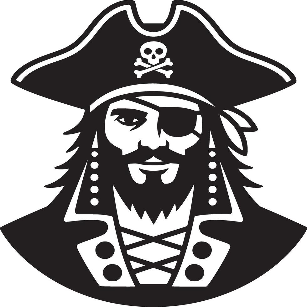A black and white graphic illustration of a pirate with an eye patch and tricorn hat icon image vector