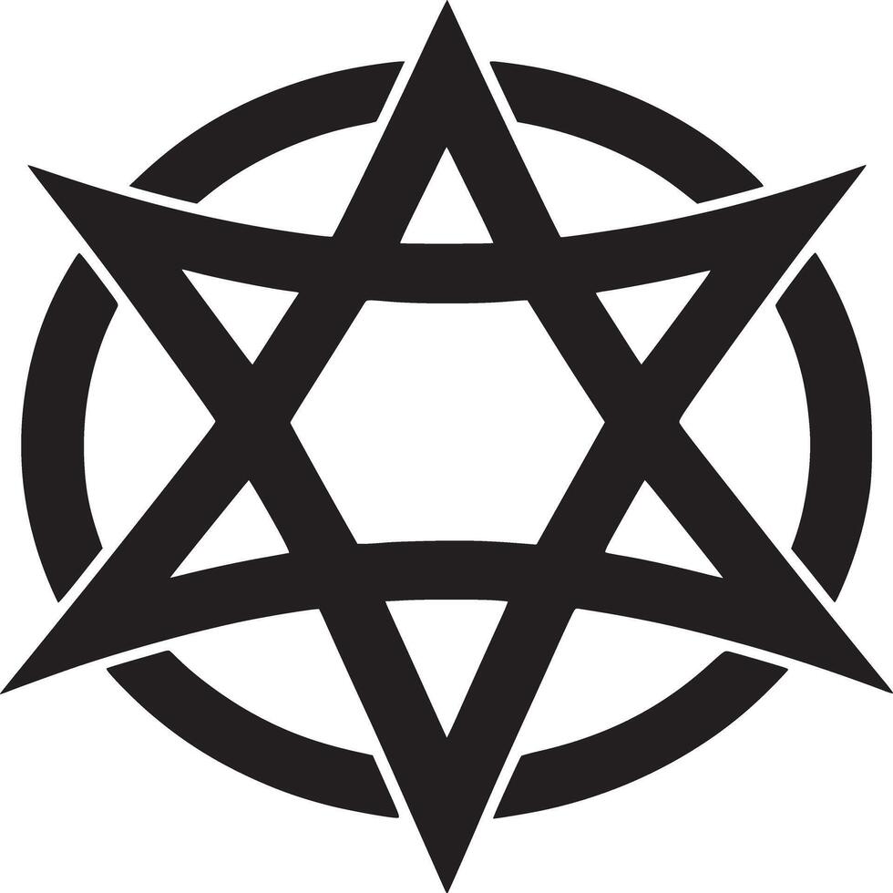 A black star of david encircled by a black ring on a white background in a minimalist illustration vector