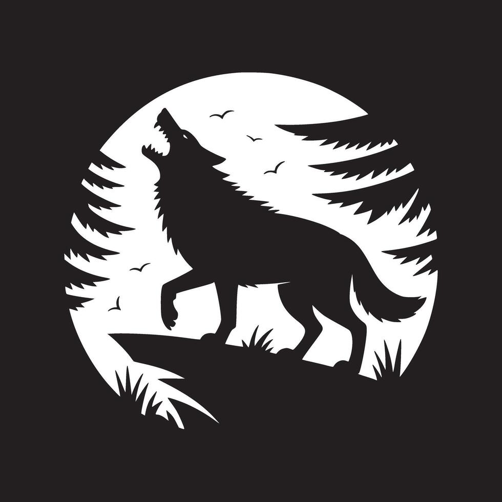 Silhouette of a wolf howling at the moon surrounded by trees and birds in a black and white illustration vector