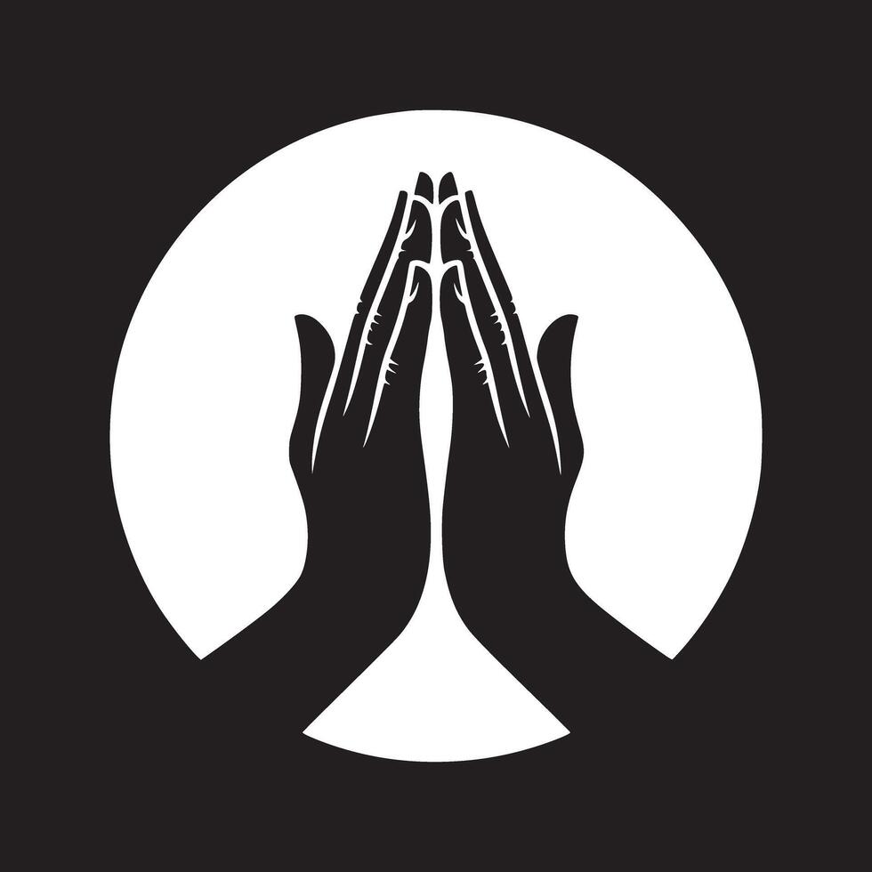 Two hands pressed together in prayer against a white circle on a black background design art vector