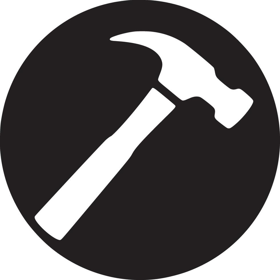 A white hammer silhouette diagonally placed inside a black circle on a white background simple design vector
