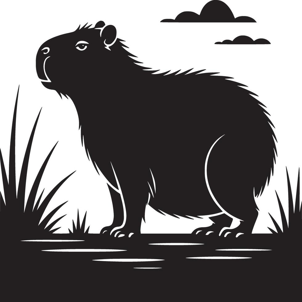 Black and white silhouette of a capybara standing in grass with clouds in the background art vector
