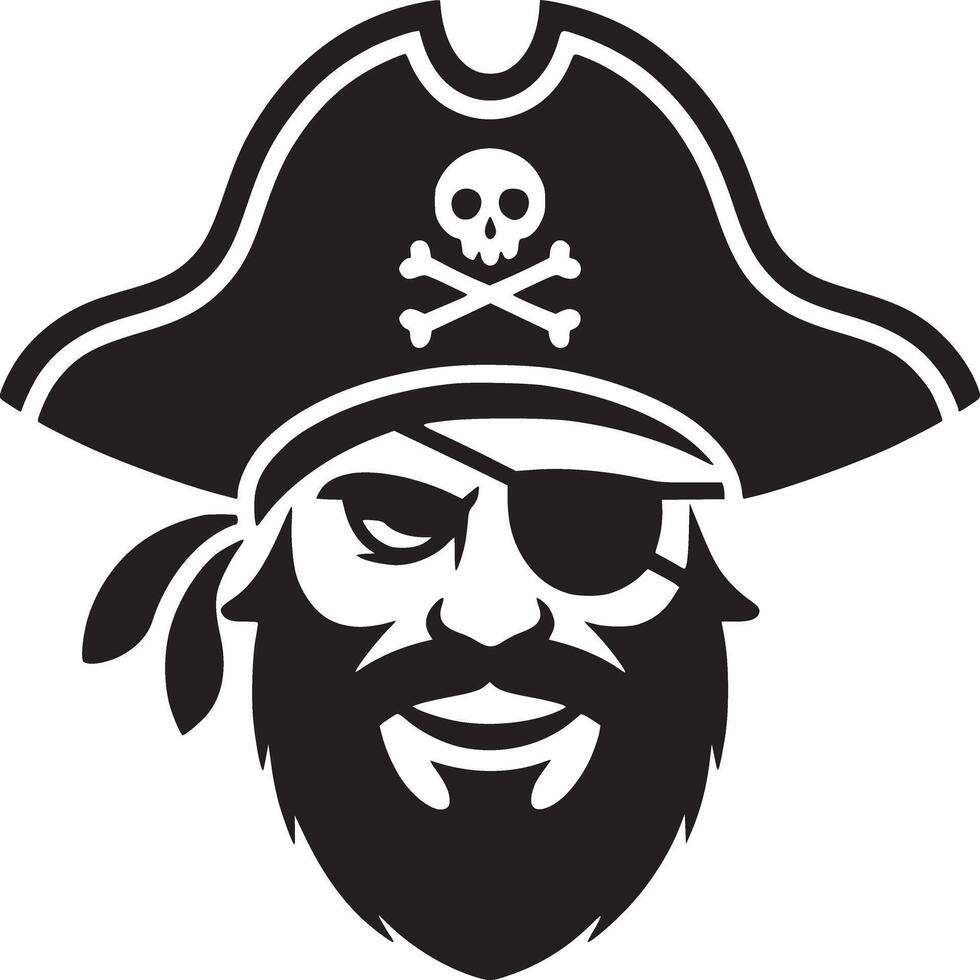 A black and white graphic of a pirate with a beard and eye patch wearing a pirate hat with skull vector