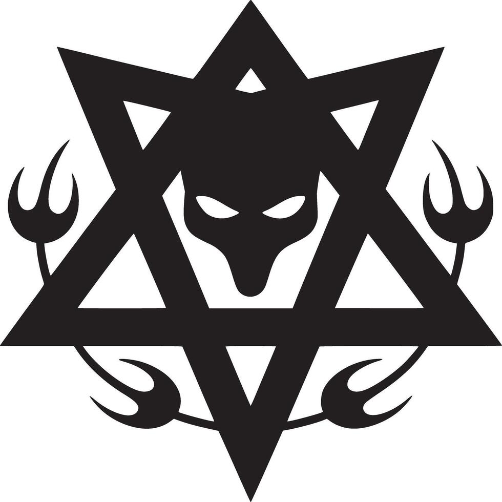 A black star of david with a demon face in the center and tridents surrounding it on a white background vector