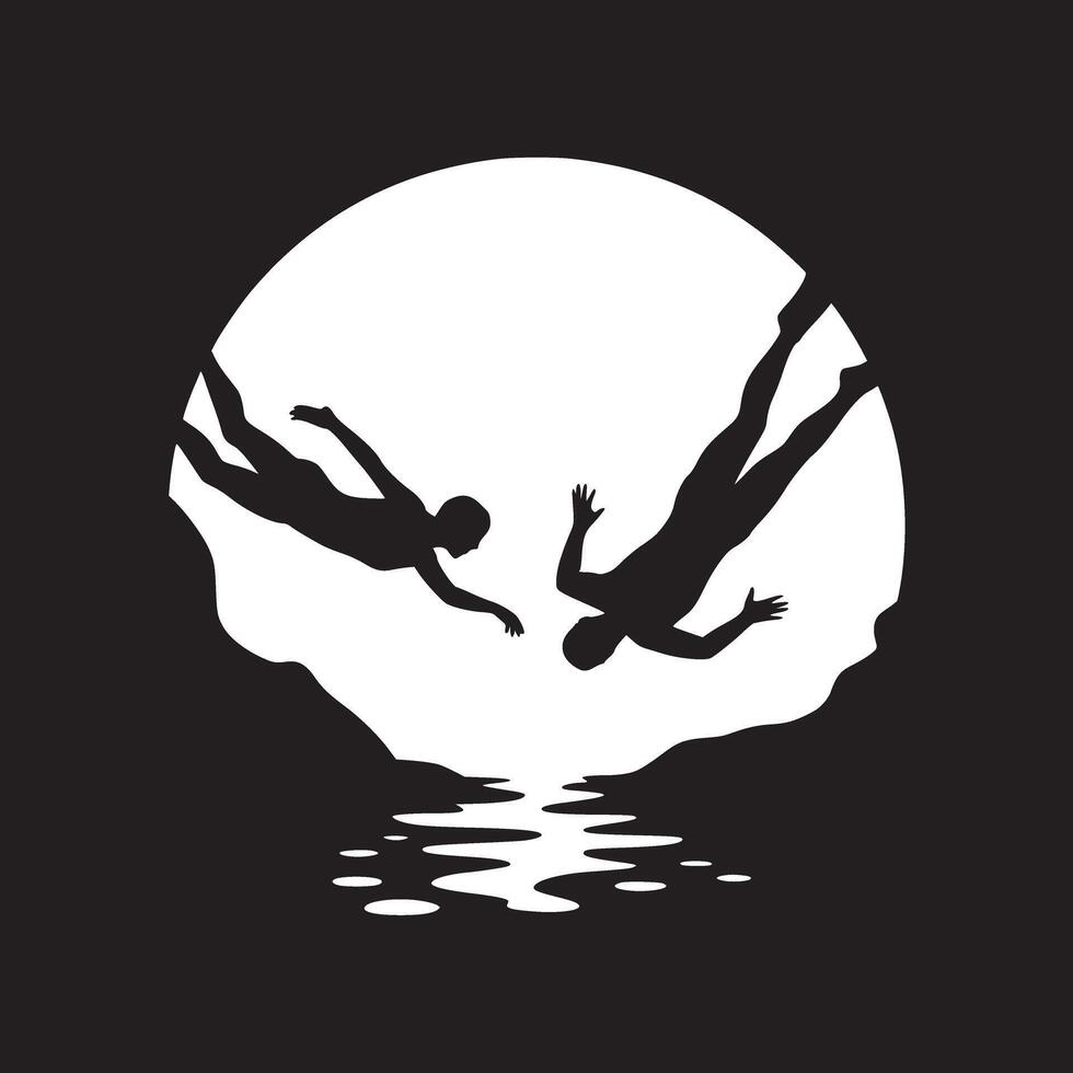 Silhouette of two people diving into water against a circular white background on a black backdrop vector