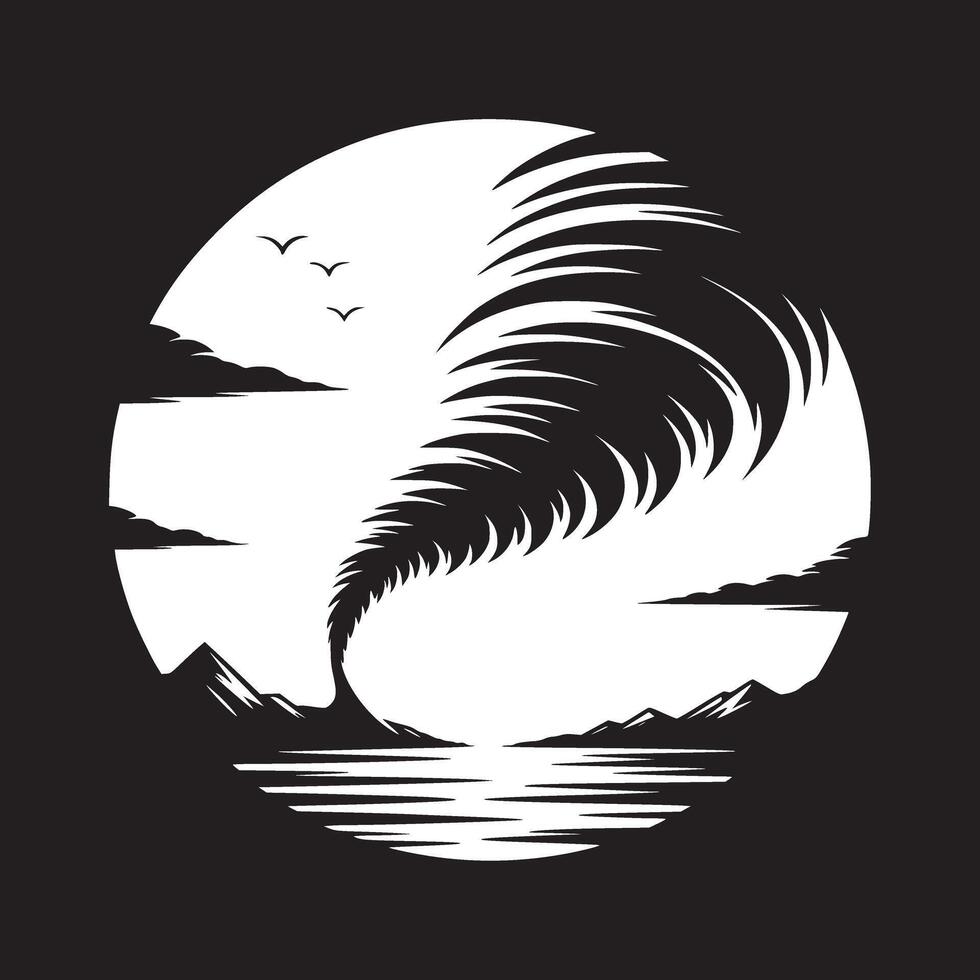 Black and white art of a tornado over water with mountains and birds in a circle design vector