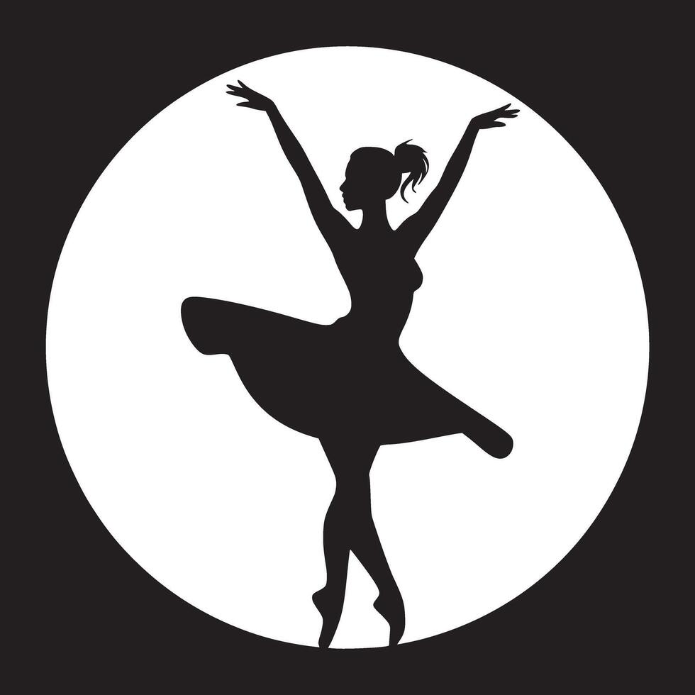 Silhouette of a ballerina in a tutu with arms raised against a white circle on black background vector