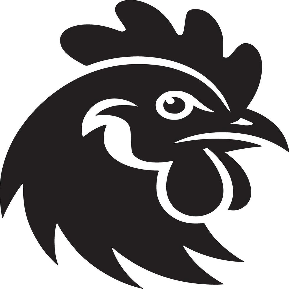 A striking black silhouette of a rooster head with a comb and wattle on a white background view vector