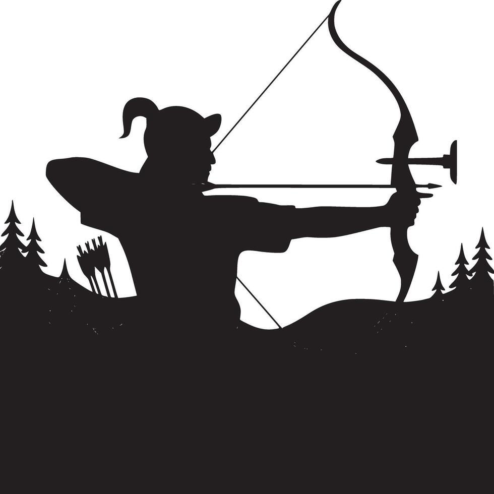 Silhouette of archer aiming bow and arrow in a forest with mountains in the background scene art vector
