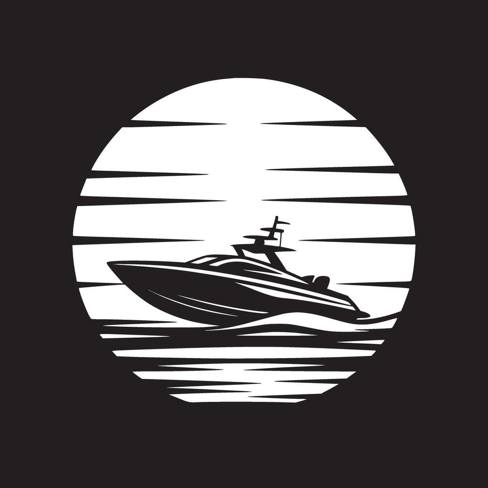 A monochrome silhouette of a yacht sailing on water against a white circular background with black lines vector