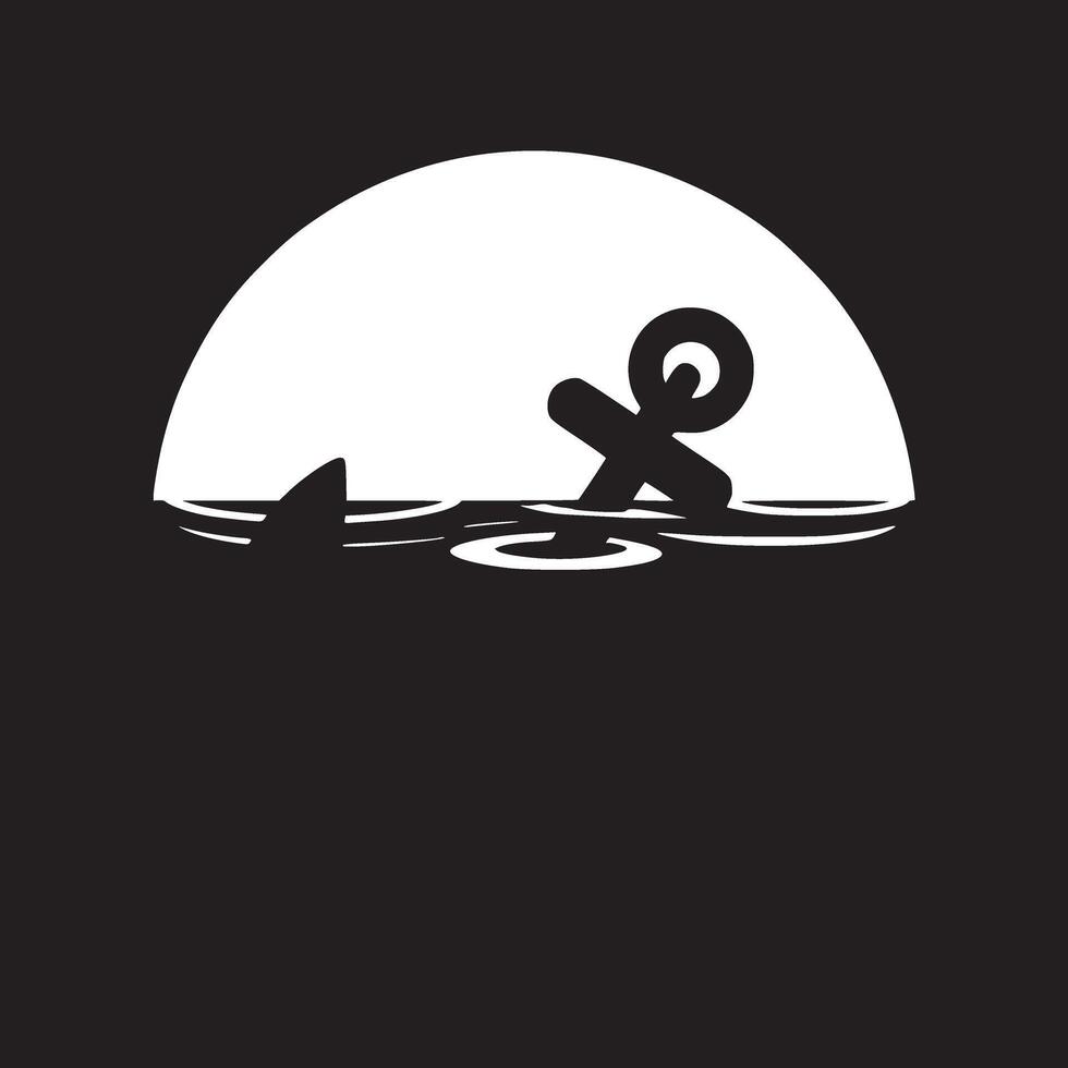 A stylized anchor in blue water with a white sky background in a black circle design image art vector