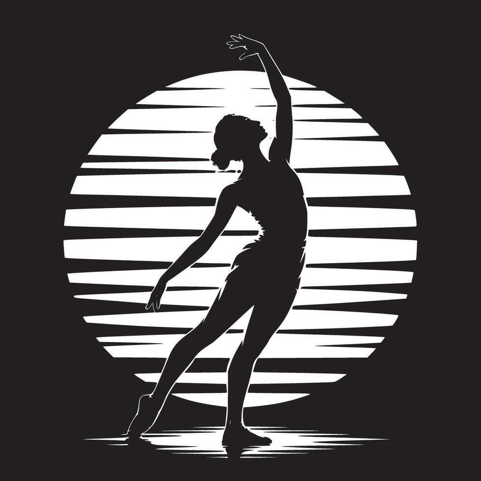 Silhouette of a ballerina in a graceful pose against a striped circular background in black and white vector