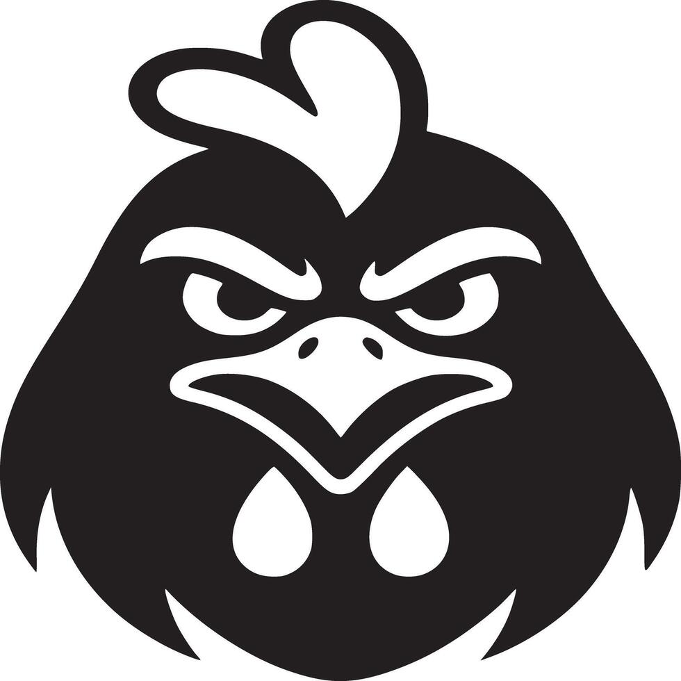 A black and white graphic of an angry looking chicken head with a white background and a pointy beak vector