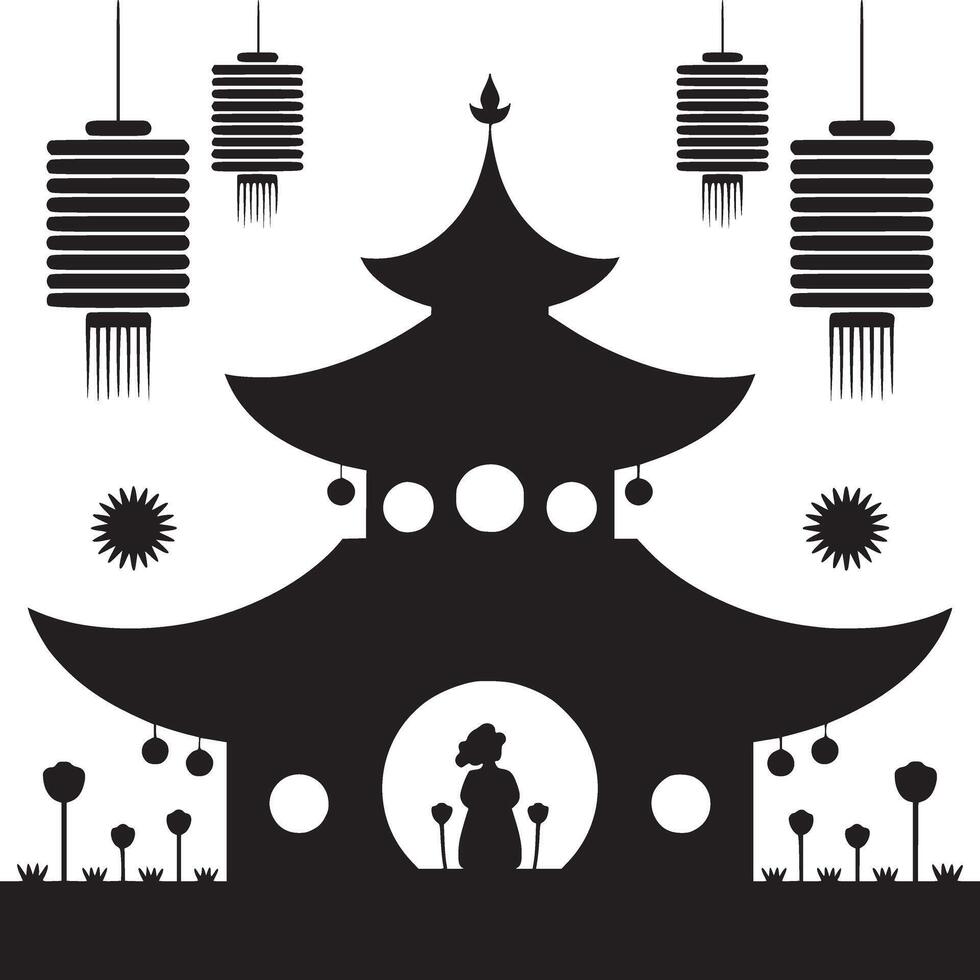 Silhouette of a pagoda with hanging lanterns and a figure in a doorway in a stylized illustration vector