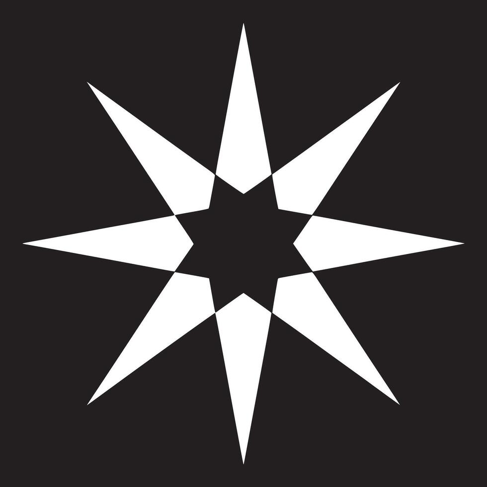 A graphic illustration of a white eight pointed star on a black background in a simple style vector