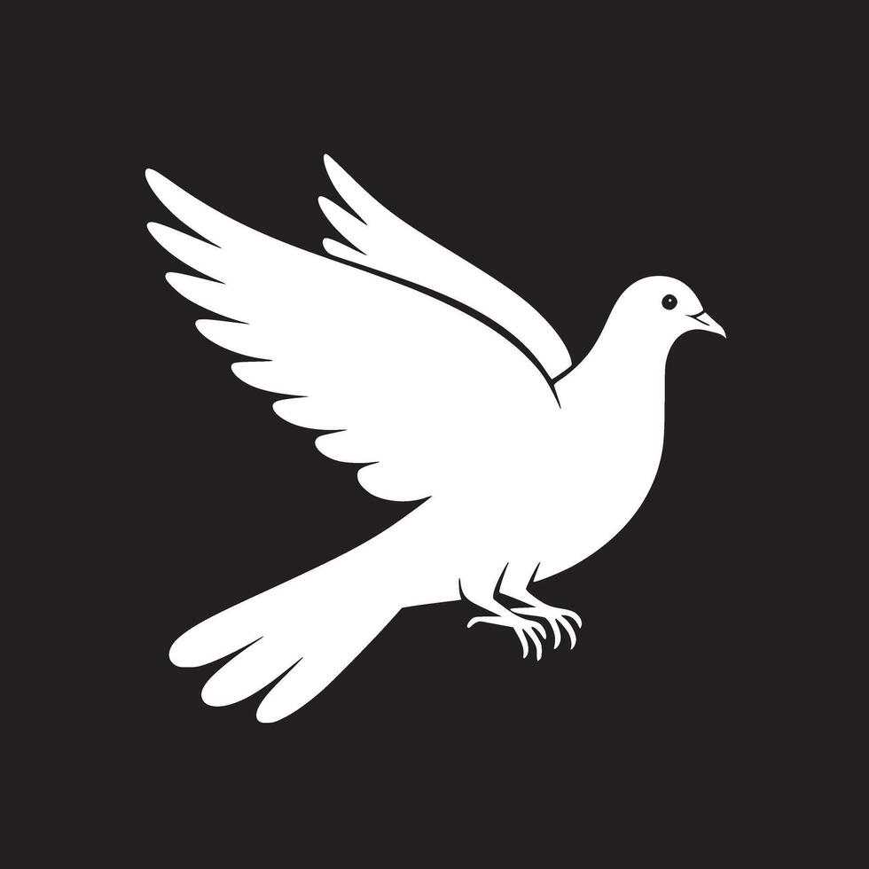 A minimalist white dove illustration with wings spread against a black background in simple style vector