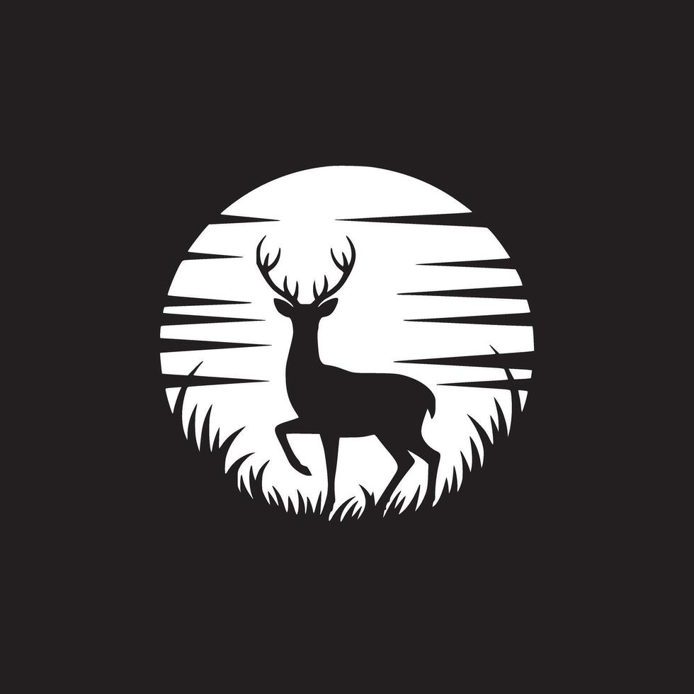 Silhouette of a deer with antlers against a white moon and grass in a black background design vector