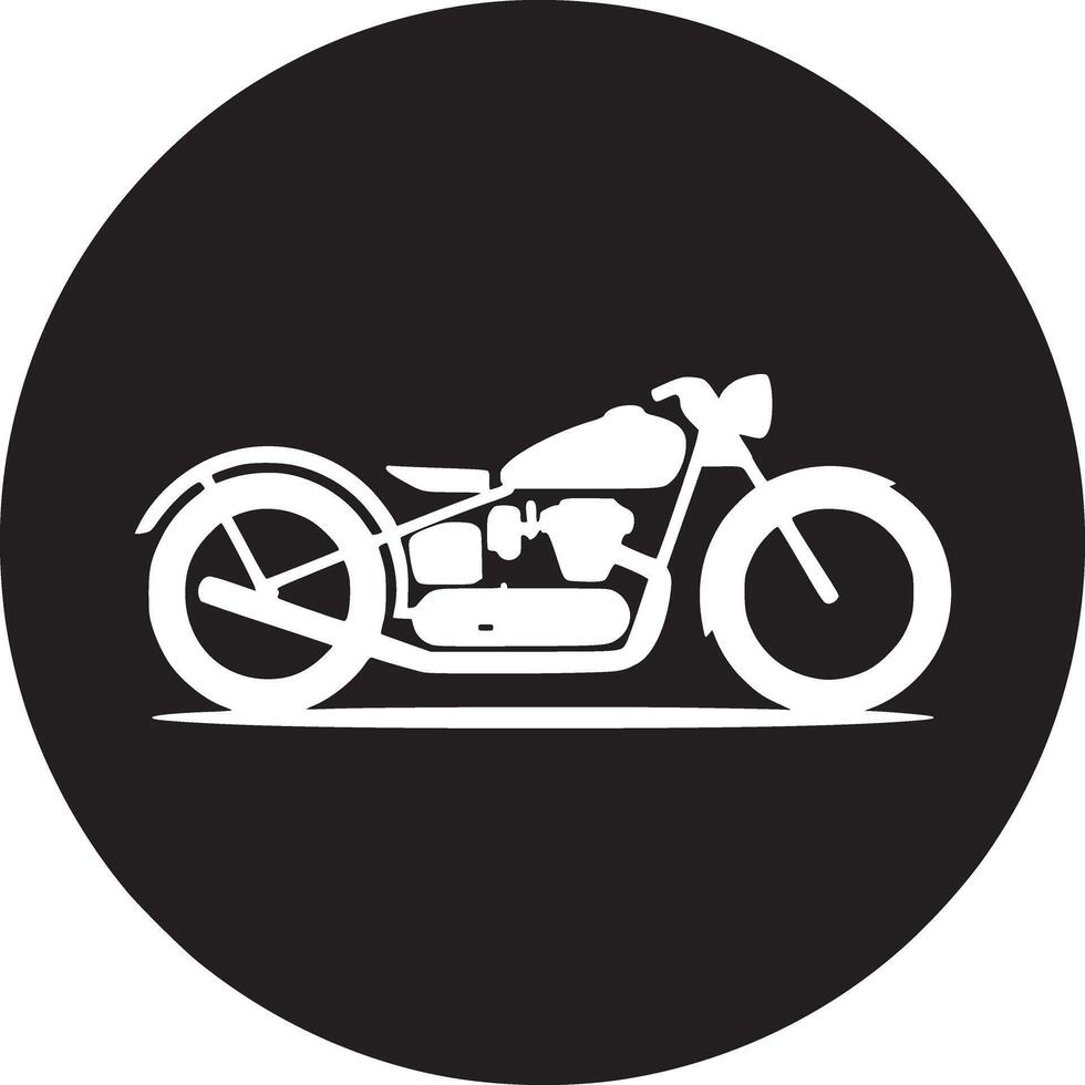White motorcycle silhouette on a black circle background in a simple graphic illustration style vector