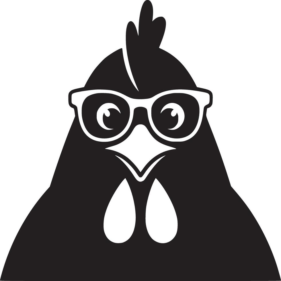 A black and white graphic illustration of a chicken wearing glasses on a white background vector