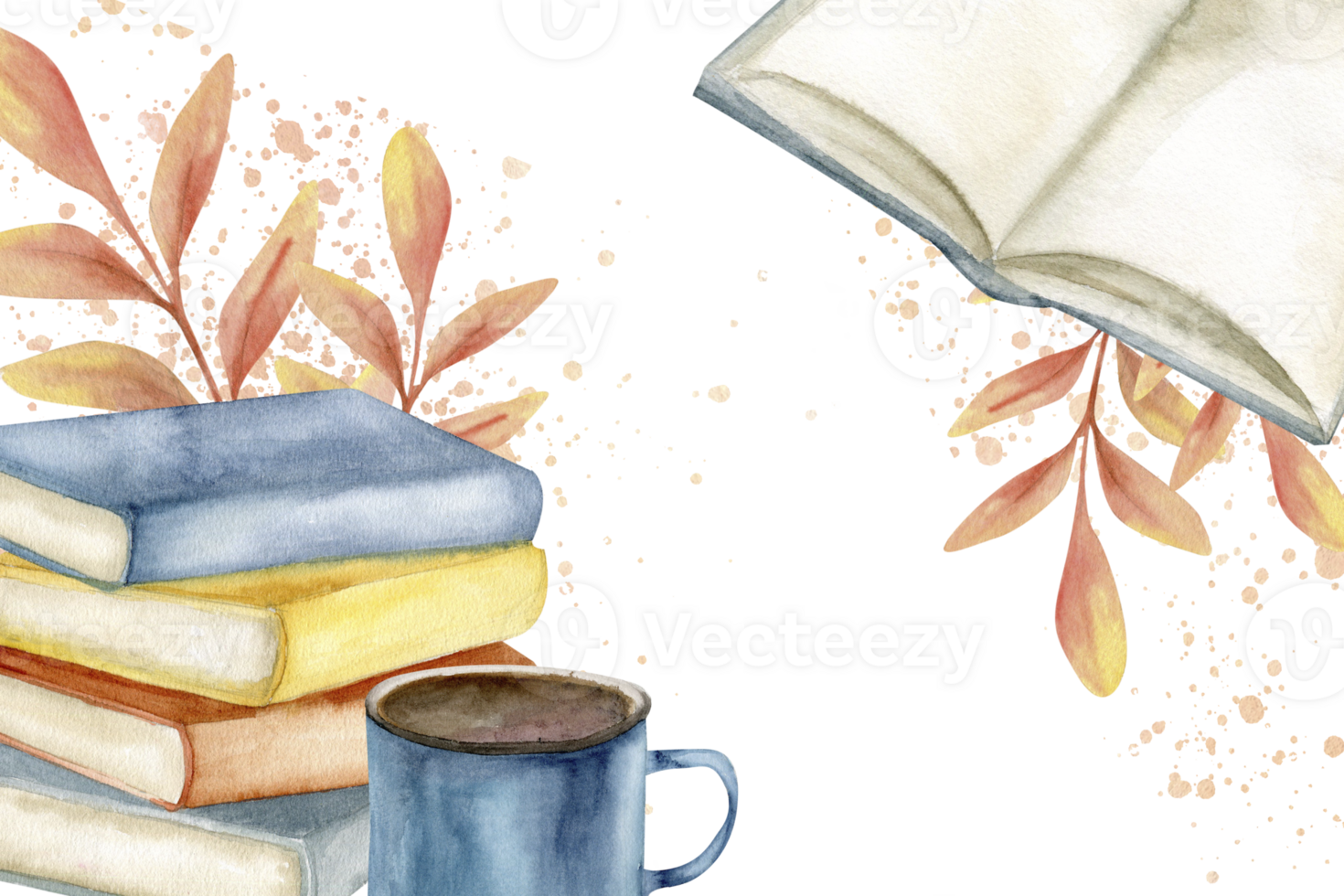Autumn festive watercolor frame with colorful books stack, metal cup and floral decor illustration. Hand drawn fall season banner template with cozy home elements for card, invitation, poster design png
